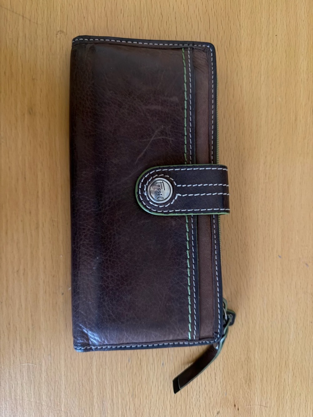 Fossil Brown Leather Wallet with Green Accent Stitching